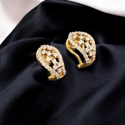 Stunning 1.01 TCW Round Brilliants Cut Natural Diamonds Hoop Earrings 14K Gold - Picture 3 of 15
