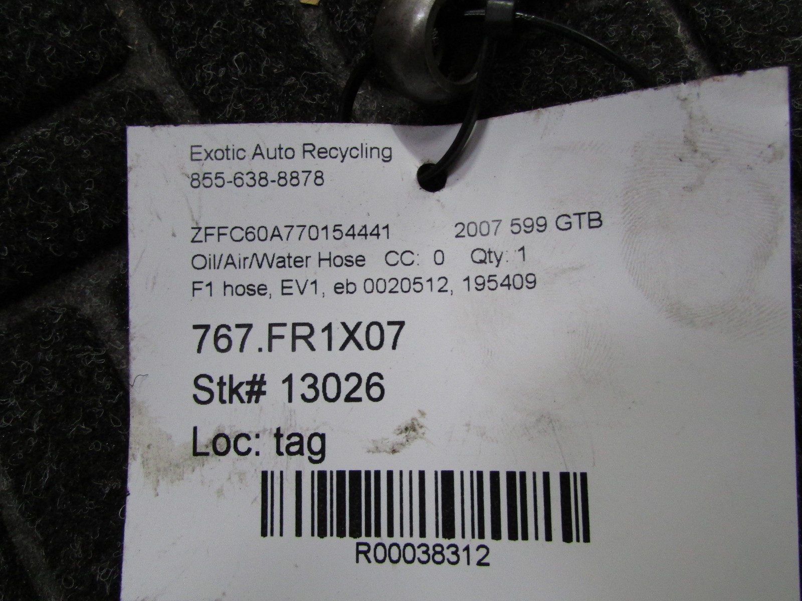 Ferrari 599 GTB, 612 Scaglietti, F1 Hydraulic Oil Hose, EV1, Used, P/N 195409