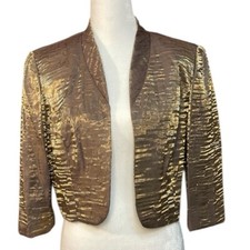 Alex Evenings Bolero Cropped Blazer 3/4 Sleeve Gold Shimmer Crinkle Women's 10P