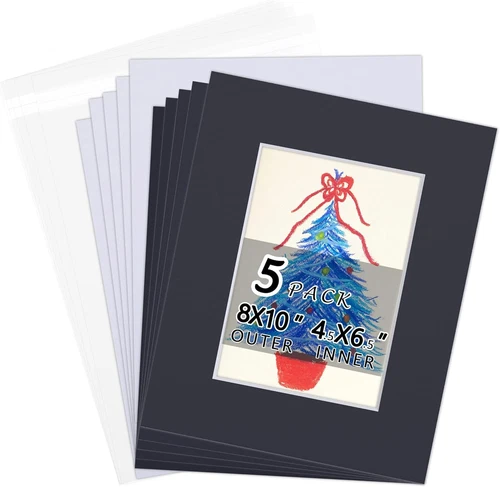Acid-Free 5 Pack 8X10 Pre-Cut Mat Board Show Kit for 5X7 Photos, Prints