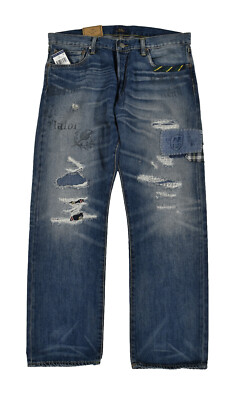 Polo Ralph Lauren Distressed Repaired Patchwork Repp Tie Graffiti Jeans New