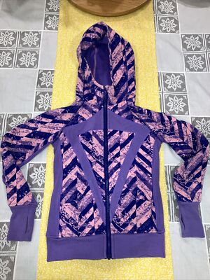 Ivivva Lululemon Full Zip Heavy Jacket Scuba Pink/Purple Diagonal stripes sz 12