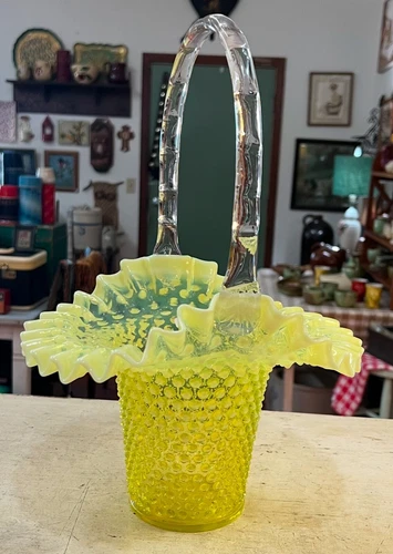 HTF 15" Fenton Basket Vaseline Opalescent Hobnail Crimped Uranium