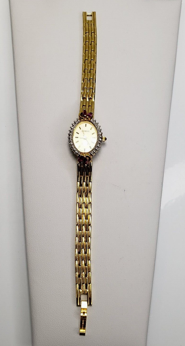 Vtg1960s Geneve Quartz Thailand Movement Gold Womens Oval Watch Rubies Hong Kong s-l1200.png main image 2