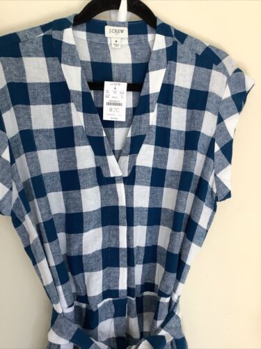 J Crew 8 Linen Blend Blue White Checkered Romper Cottage Core Picnic New - Picture 3 of 11