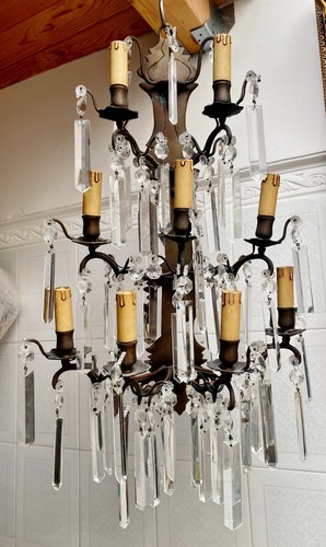 Bronze lamp/chandelier with nine arms and large spear crystals H 77 cm - Picture 6 of 14