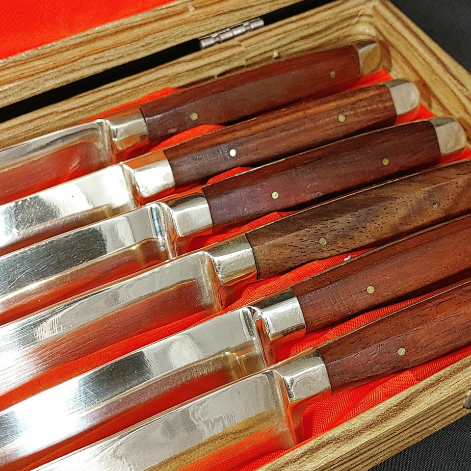 Vintage JCPenney Boxed Set of 6 Brass and Wood Steak Knives Solid Tang