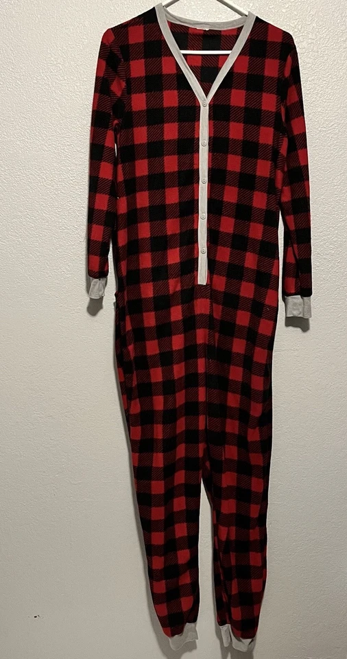 Faded Glory Woman’s Small One Piece Pajamas Fleece Red Plaid Moose Themed - Image 3 of 4
