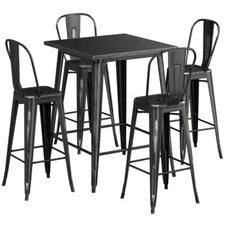 32" Square Distressed Black Metal Restaurant Bar Table Set with 4 Cafe Barstool