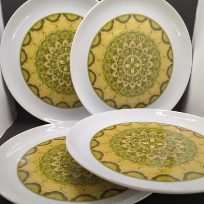 4 Dead Stock NOS Avocado Green Royal Prestige Mandala Dinner Plates Granada MCM 