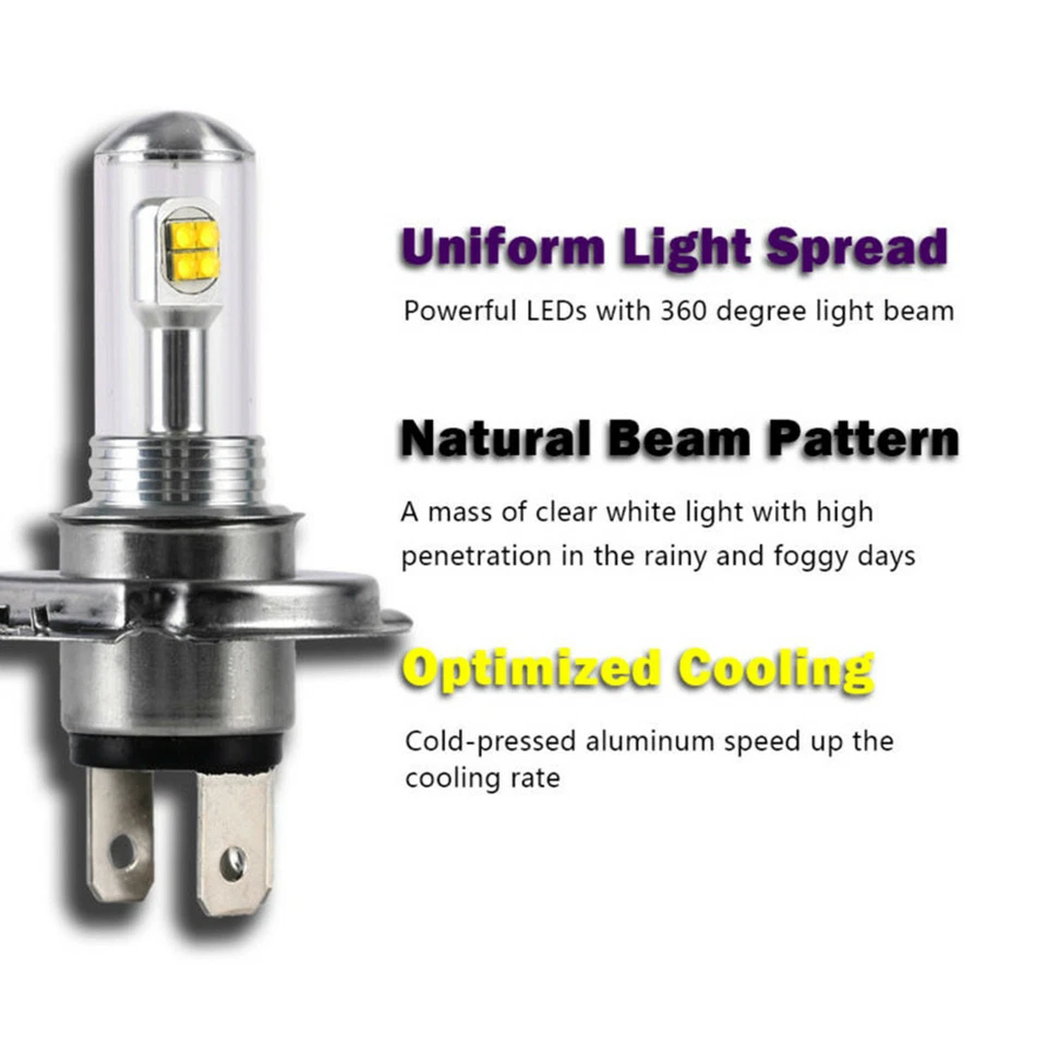 Motorcycle H4 6500K LED Hi/Lo Beam Front Light Bulb Super Bright Headlight 40W - Image 4 of 4