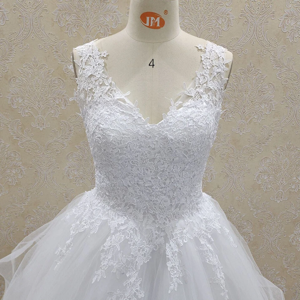 Vestidos de novia con cuello en V apliques de encaje en capas blancos vestidos de novia de princesa marfil Foto 4 de 4