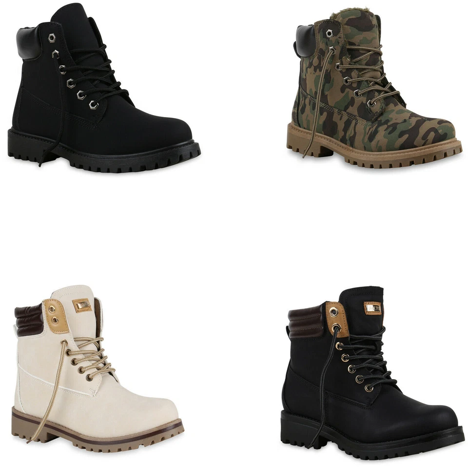 MARKENLOS Modische Damen Outdoor Stiefeletten Worker Boots Profilsohle 891837 Schuhe