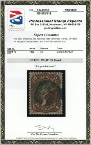 US Stamp #75 Jefferson 5c - PSE Cert - VF-XF 85 - Used - Rare Dark Red Brown - Picture 2 of 2