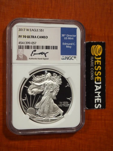 2017 W PROOF SILVER EAGLE NGC PF70 ULTRA CAMEO EDMUND MOY HAND SIGNED BLUE LABEL
