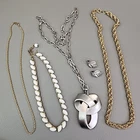 Trifari Necklaces Clip Earrings Lot of 5 Gold Tone Rope Chains Silver Tone Knot