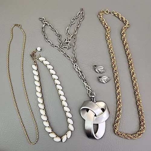Trifari Necklaces Clip Earrings Lot of 5 Gold Tone Rope Chains Silver Tone Knot