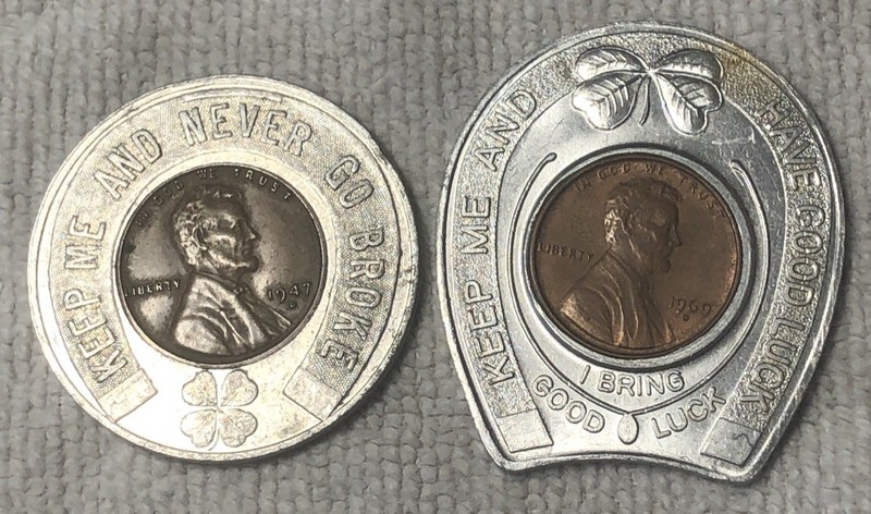 2 Lucky Penny Tokens/Coins; Chevrolet & Boating Advertisement — EARLY DATES.