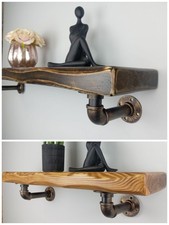 Aged Rustic Chunky Wooden Shelf 7" 9" Deep Solid Wood + Industrial Pipe Brackets