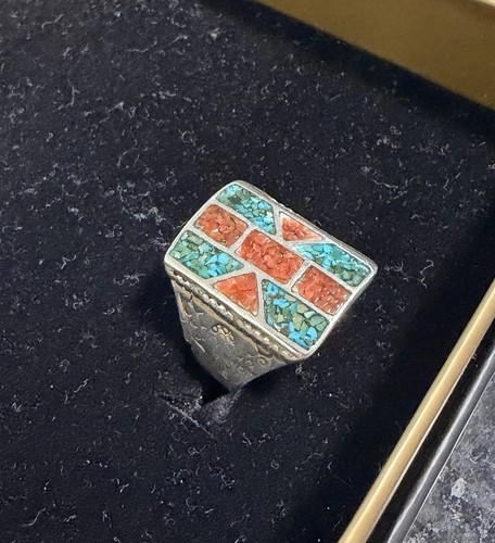 Vintage Navajo Southwestern Ring Size 11.5/8.44g Sterling Silver Turquoise Coral