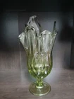 Vintage Fenton Avocado Green Art Glass Swung Handkerchief Ruffle Pedestal Vase