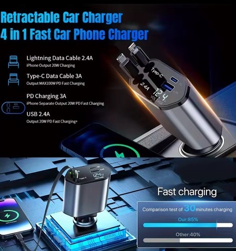 Chargeur de voiture rétractable 4 en 1, 120W, câble USB,adaptateur allume cigare - Photo 4 sur 6