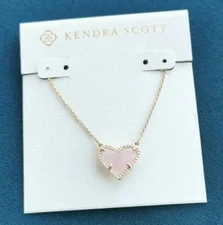 😍 Kendra Scott Ari Heart gold plate necklace pendant Rose Light Pink Quartz new