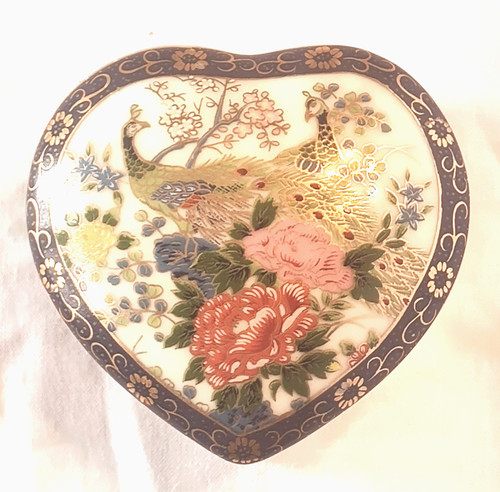 Asahi Japan Floral Peacocks Heart-shaped Ceramic Trinket Box Blue Gold-Tone