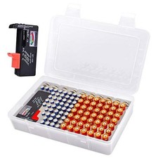 Clear Plastic Battery Organizer Storage Case with Tester, Wall Mount X-Large