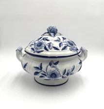 VTG Olaria de Alcobaça Portugal Blue & White Floral Lidded Tureen Hand Painted