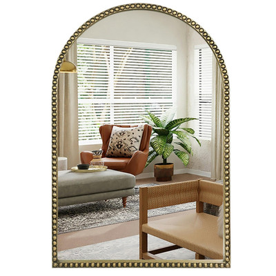 Wemily Antique Gold 24X36 Arched Wall Mirror Metal Beaded Frame - Decorative