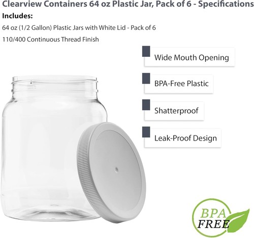 6 Pack of 64 Ounce Plastic Half Gallon Jars with 110/400 64 Jar, 6 - 第 4/6 張圖片