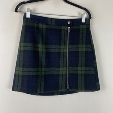 Abercrombie Fitch Green Navy Plaid Wool Blend Front Zip Mini Skirt Size S