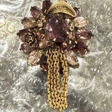 Vintage ALICE CAVINESS Brooch Amethyst Rhinestone Jewelry  Goldtone Statement