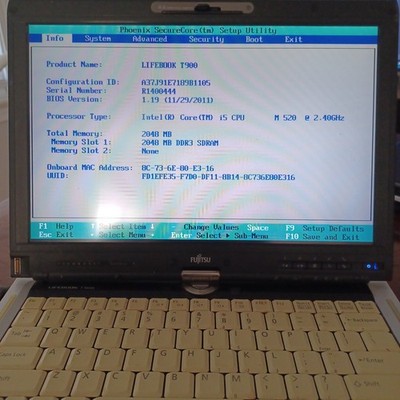 Fujitsu Lifebook T900  Intel Core i5 CPU M 520 2.40GHz 4GB Sometimes Boots BIOS