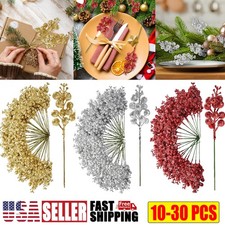 30Pcs Christmas Glitter Berries Stems Artificial Red Berry Branches Holly Picks