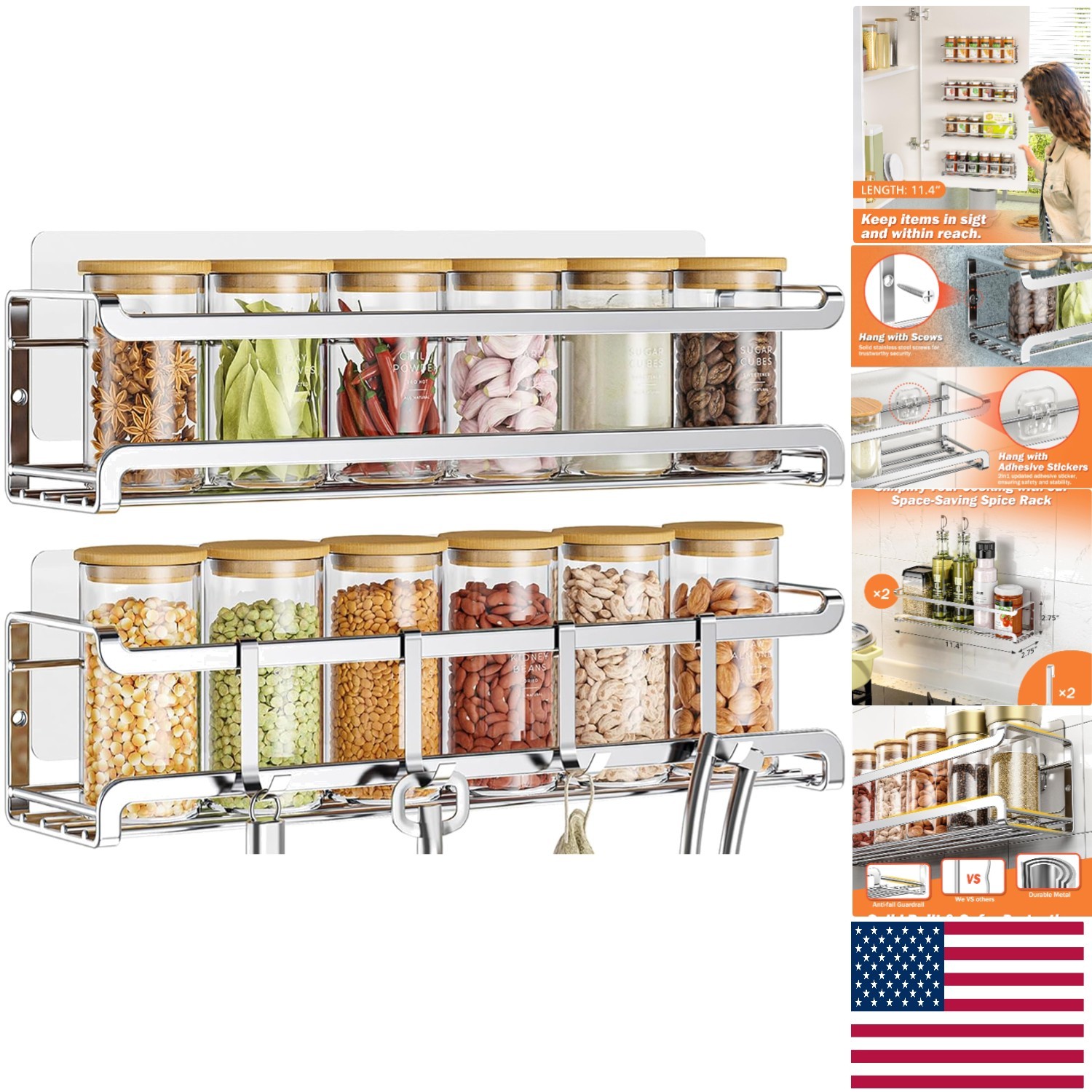 Compact and Elegant Wall-Mounted Spice Rack Set - Perfect for Any Kitchen