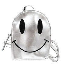 NEW SHINY METALLIC SILVER LEATHERETE BLACK SMILEY FACE BACKPACK,SHOULD,BAG