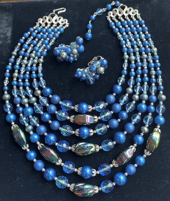 Vintage Crown Trifari 6 Strand Art Glass Blue Necklace & Clip On Earrings Set