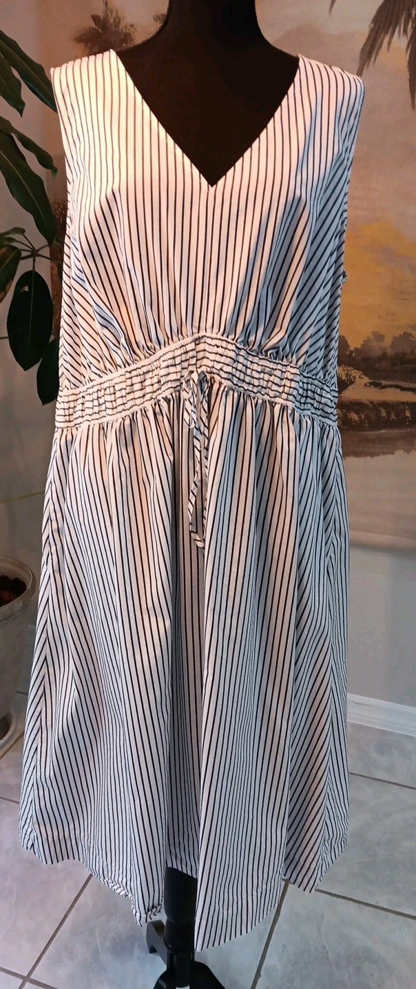 Lane Bryant Size 18 Dress Black/White Striped, Sleeveless, V-Neck, Midi, Pockets