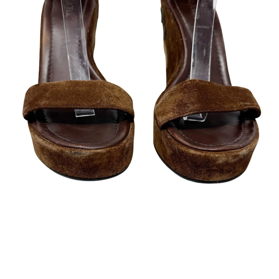 Vintage Prada Brown Suede Embroidered Wedge Sandals 39.5 Platform Designer Heels - Image 2 of 4