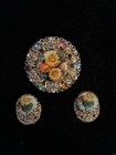 Vintage West Germany Flower Rhinestone Gold Filigree Brooch Pin & Clip Earrings  — photo 2