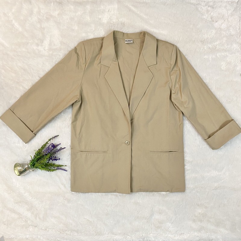 Vintage Koret Beige Cotton Jacket Classic 3/4 Sleeve Career Lightweight 80s 90s