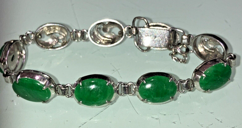 Vintage 14K White Gold Bracelet, 5 Pieces Green Oval Cabochon Cut Jade 6 1/4" - Picture 3 of 18