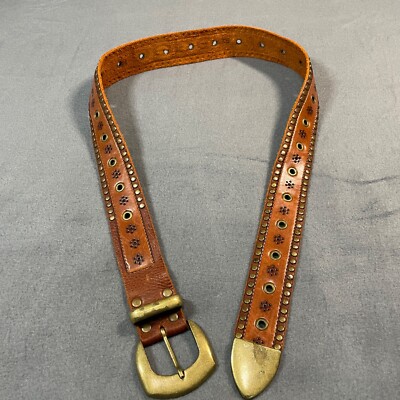 Bebe Belt 1905 Women Sm Leather Brown Stud EmbellishedEmbossed BohoFlower Groovy