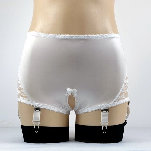 Alacki Crotchless Garter Panties 6 Straps Metal Claws Lace Satin Lingerie - Picture 20 of 27