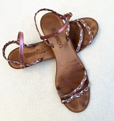 Vintage 80s Metallic Pink Leather Sling Back Wedge Sandals Sz 9 Bernardo Italy - Picture 3 of 19