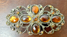 Amber Topaz Faux Gems Barrette Hair Clip 3" Antique Gold Tone