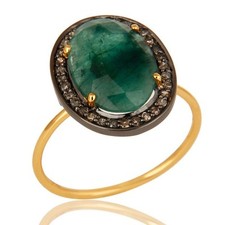 14K Yellow Gold Prong Set Emerald Gemstone Pave Diamond Ring Jewelry