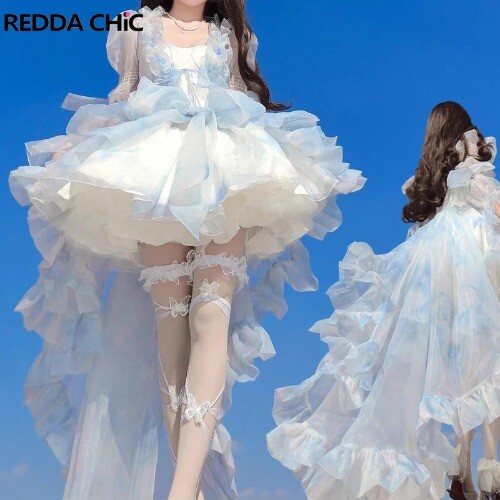 Women Evening Dress Set Smocked Shawl Lace Up Ruffled Puffy Underskirt Lolita - Picture 11 of 15